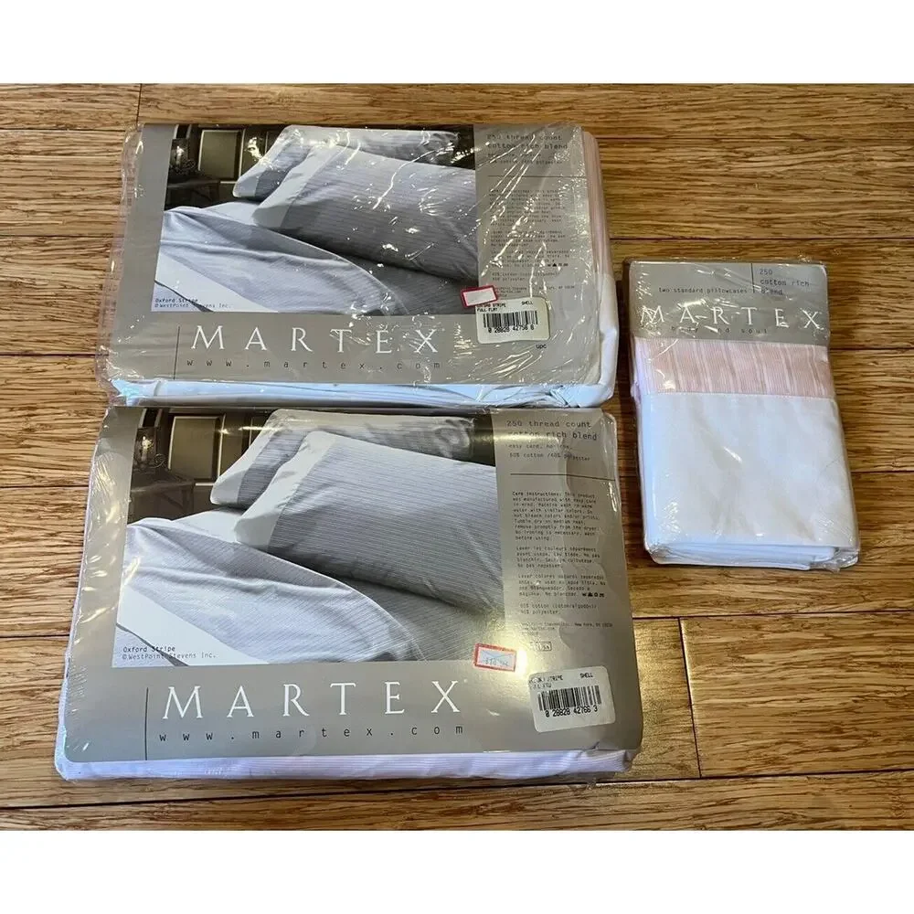 NOS Martex Full Sheet Set 4 pc Oxford Stripe Pink 250 Thread Ct Vintage